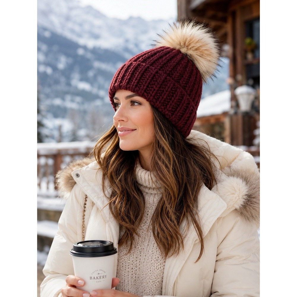 NWT BA-BO Florence Italy Burgundy Wool Blend Faux Fur Pom Beanie Hat